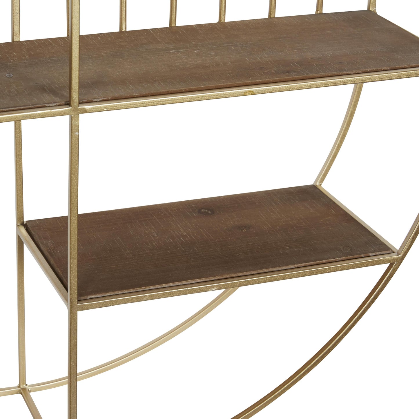 Deco 79 Metal Geometric Wall Shelf Circle with 3 Wood Shelves and Linear Rods, 28" x 7" x 28", Gold