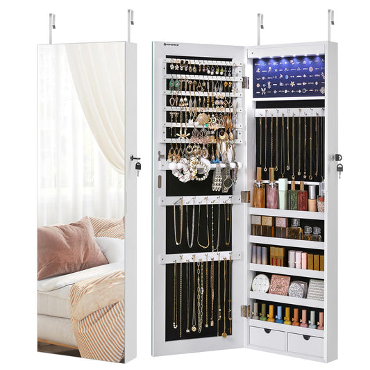 SONGMICS Hanging Jewelry Cabinet, Wall-Mounted Cabinet with LED Interior Lights, Door-Mounted Jewelry Organizer, Full-Length Mirror, Gift Idea, White UJJC99WT