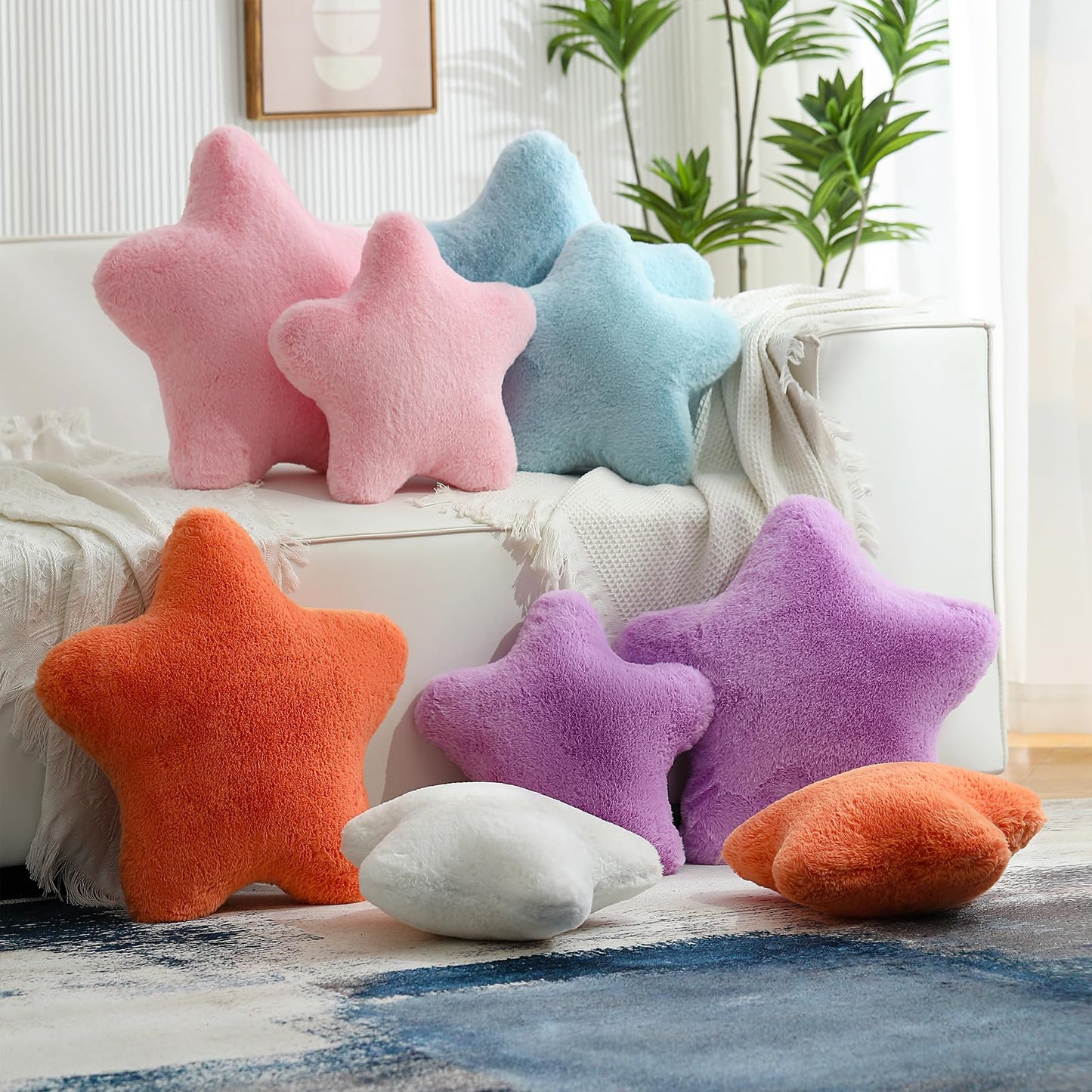 YRXRUS Star Pillows, White Star Shaped Pillow, Decorative Throw Pillow Gifts, Cute Plush Room Decor, Fluffy Faux Rabbit Fur 14"x14"Pillows for Living Bedroom