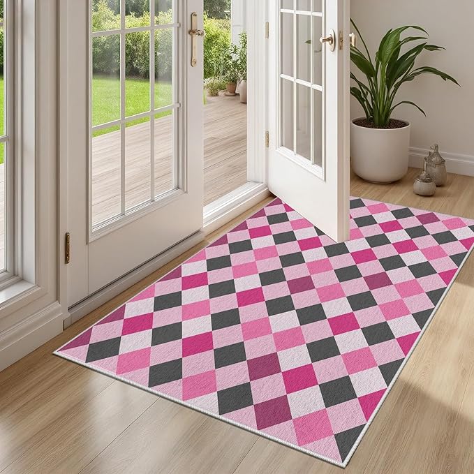 Diamond Checkered Rug 8x10, Soft Ultra Soft Faux Wool Abstract Geometric Rugs, Indoor Floor Mats Carpet, Non Slip&Non-Shedding Low Pile Washable Rugs, Modern Red Rug for Bedroom