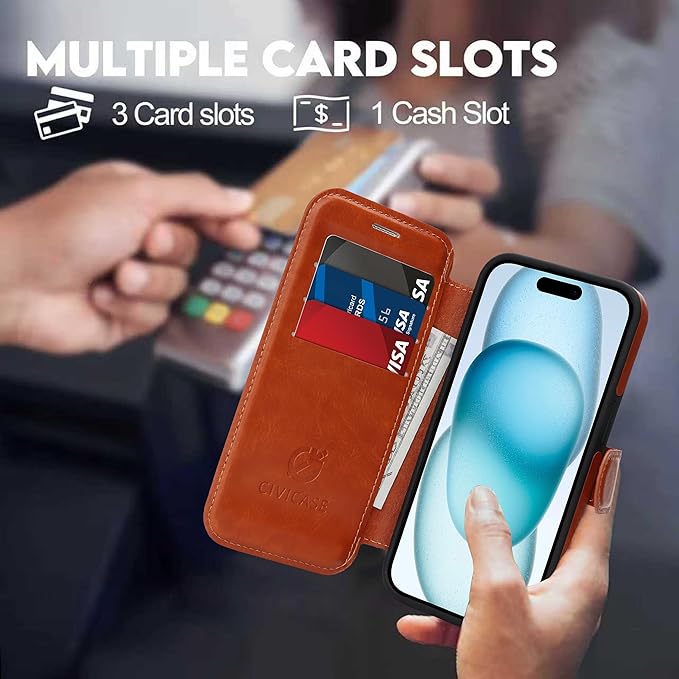CIVICASE for iPhone 13 Pro Wallet Case with Stand,PU Leather Flip Credit Card Holder Slots (RFID Blocking),Compatible with Magsafe Magnetic Holder Phone Cover Women Men,Brown