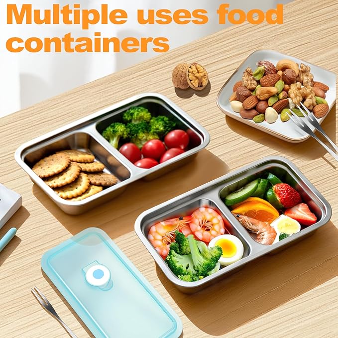 vovoyager Stainless Steel Snack Containers with Lids, Reusable Bento Lunch Container Box, Food Storage, Leak Proof, Dishwasher-Safe, Grab and Go for Work, 6 Pack (Double Compartment)