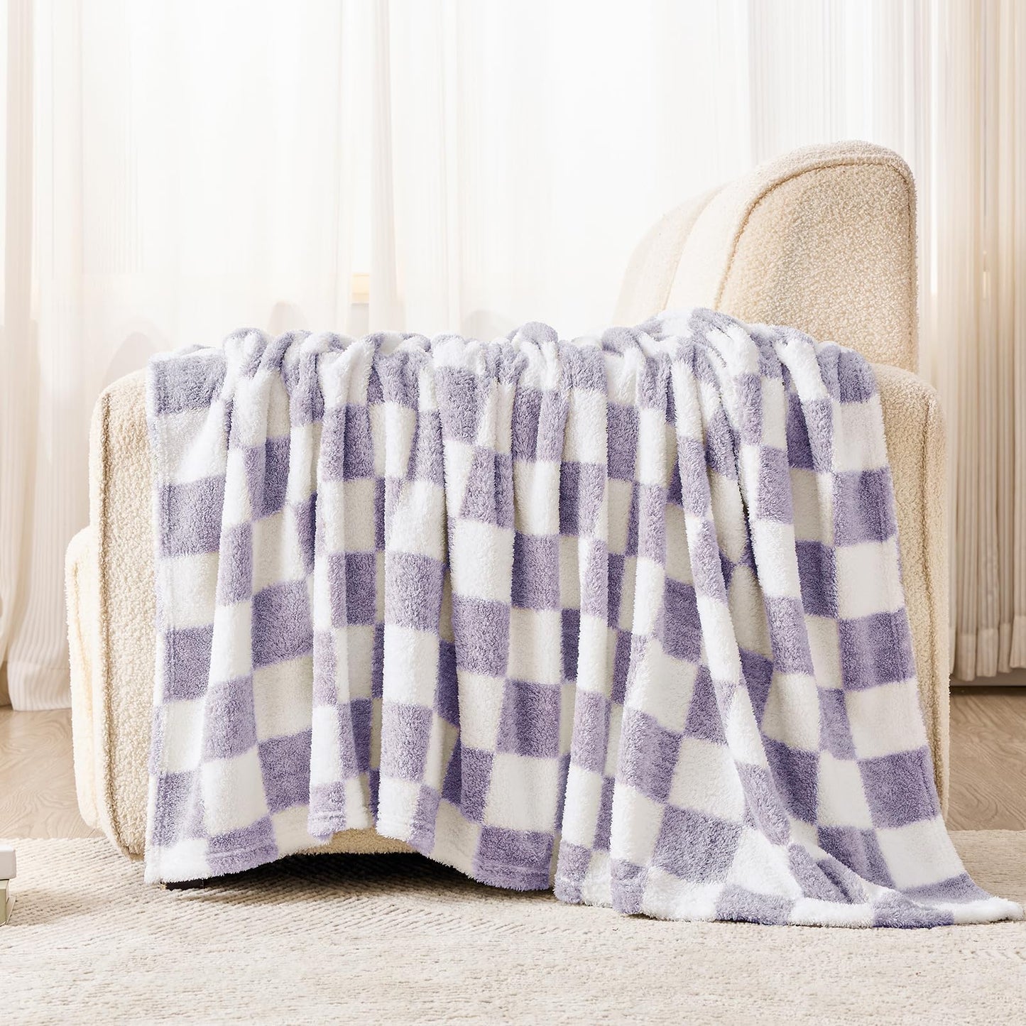 EMME Checkered Blanket Throw - 50"x60" Lavender Knit Blanket Soft Fluffy Patterned Throw Blankets for Couch, Sofa, Chair, Bed, Camping, Picnic, Travel