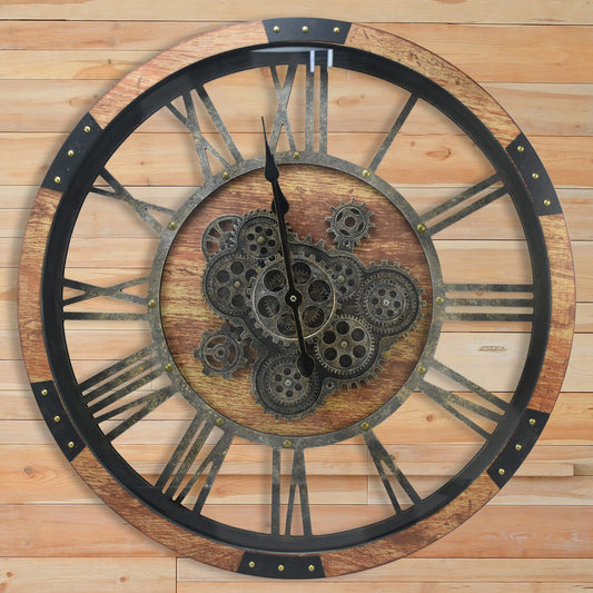 DORBOKER 24" Large Wall Clock with Moving Gears,Oversize Vintage Industrial Rustic Farmhouse Clocks for Living Room Decor Office Home,Solid Wood HD Tempered Glass Cover,Brown