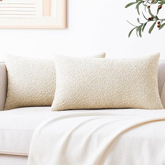 Mixhug Decorative Boucle Throw Pillow Covers, Beige, 12 x 20 Inches, Pack of 2 - Neutral Textured Boho Pillow Covers for Couch and Bed