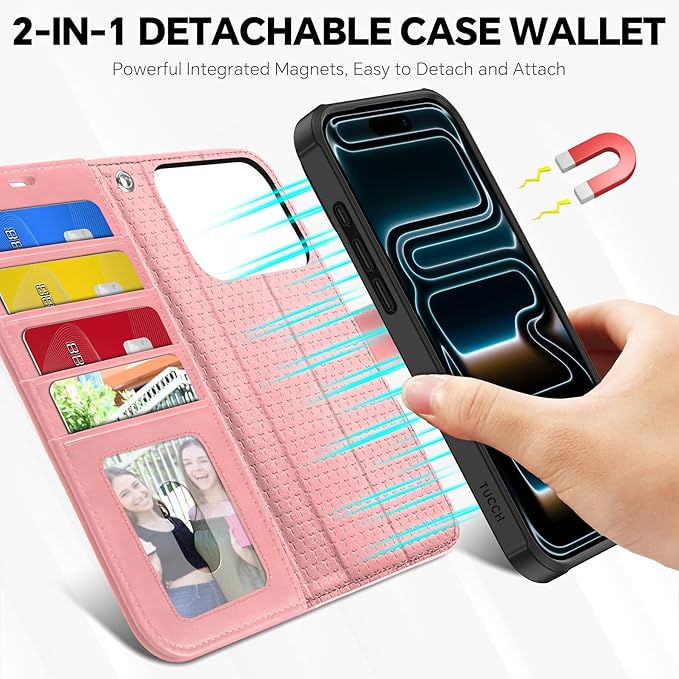 TUCCH 2-in-1 Detachable Wallet Case for iPhone 17 Pro (6.3-inch) 2025, RFID Blocking 4 Card Slots, Wireless Charging, Wrist Strap, Kickstand, Magnetic, PU Leather, Protective Flip Cover, Rose Gold