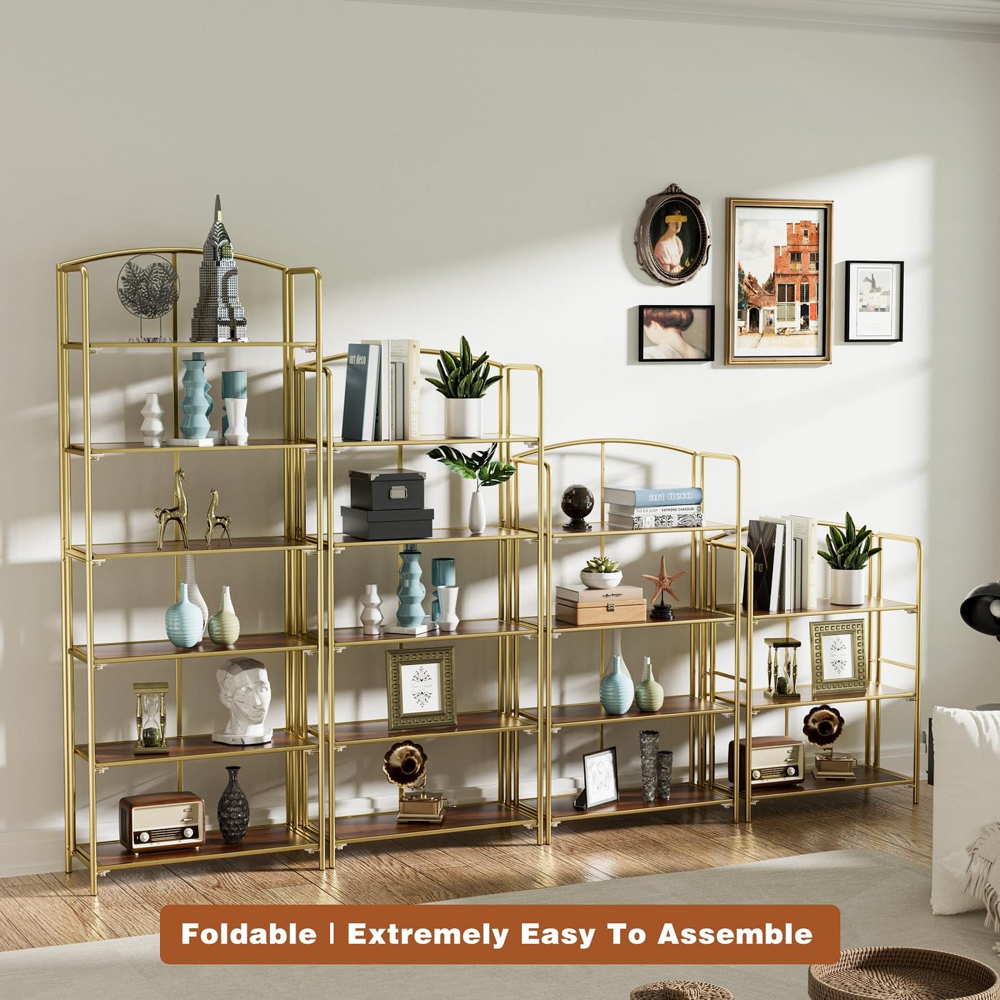 Crofy 4-Tier Wider Foldable Bookshelf, Gold Frame & Walnut Shelves