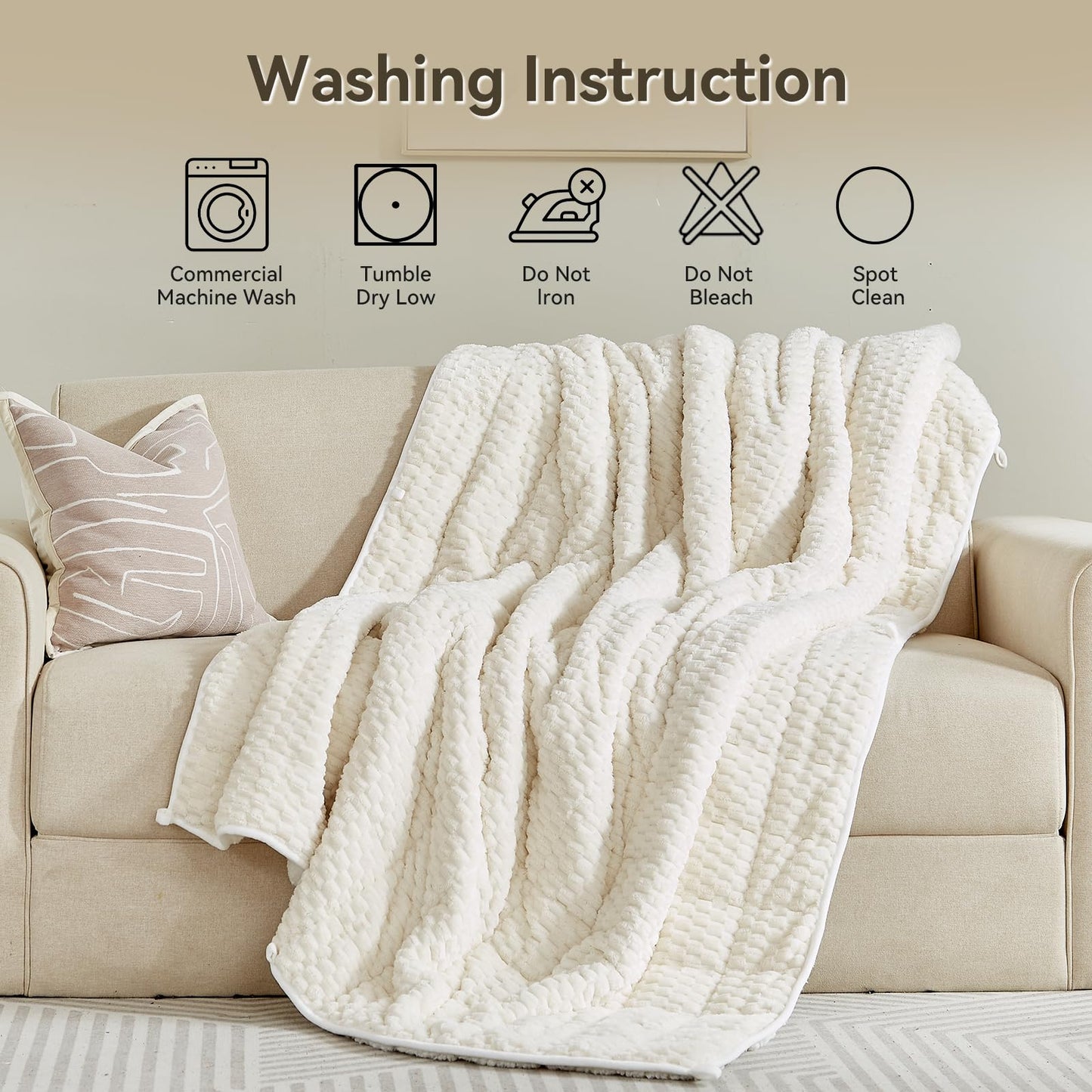 Weighted Blanket Queen Size for Adults,15lbs Jacquard Sherpa Heavy Blanket for Calming and Relax, Dual Sided Ultra Soft Fuzzy Throw Blanket with Glass Beads, 48" x 72", Cream White