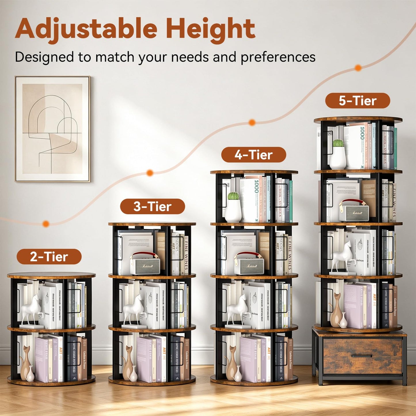 Housolution 5 Tier Rotating Bookshelf Tower, 360° Spinning Book Shelf with Fabric Drawer, Round Revolving Bookcase Organizer, Narrow Swivel Bookshelves Turning Corner Bookshelf for Small Space, Brown