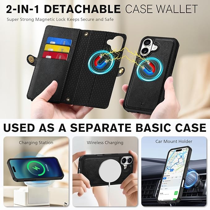 TUCCH Removable Crossbody Case Wallet for iPhone 17 6.3" 2025, 9 Card Slot RFID Blocking, Stand, Lanyard, Wrist Strap, Wireless Charging, Zipper Pocket, PU Leather, Magnetic Flip Cover, Textured Black