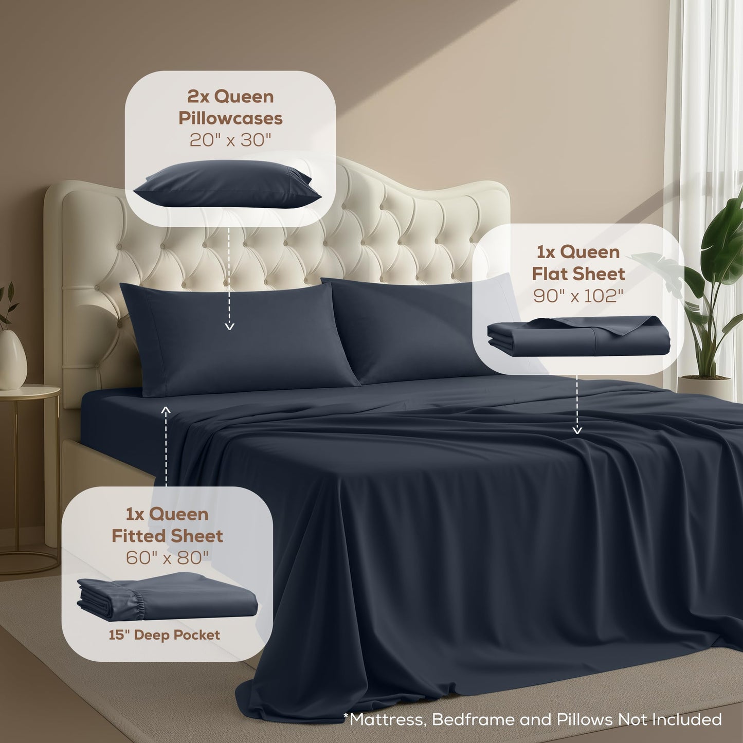 Queen Size Sheet Set – 4 Piece Bed Sheets, Soft and Breathable Microfiber, Includes 1 Fitted Sheet, 1 Flat Sheet and 2 Pillowcases – Oeko Tex (Navy)