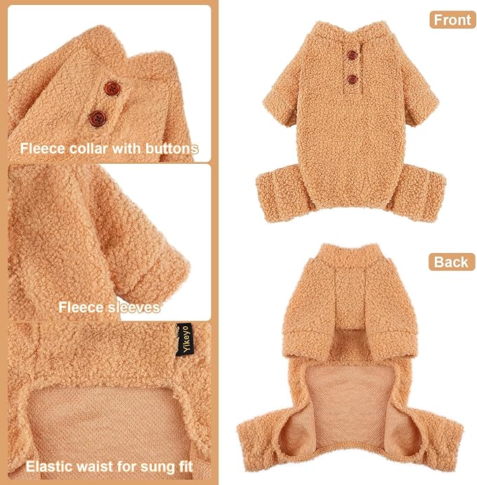Dog Sweaters for Small Dogs Winter Dog Pajamas Sized Dogs Boy Girl Fleece Pet Clothes Puppy Outfit 4 Legs Jumpsuits for Chihuahua Yorkie Cat Apparel, Khaki, M