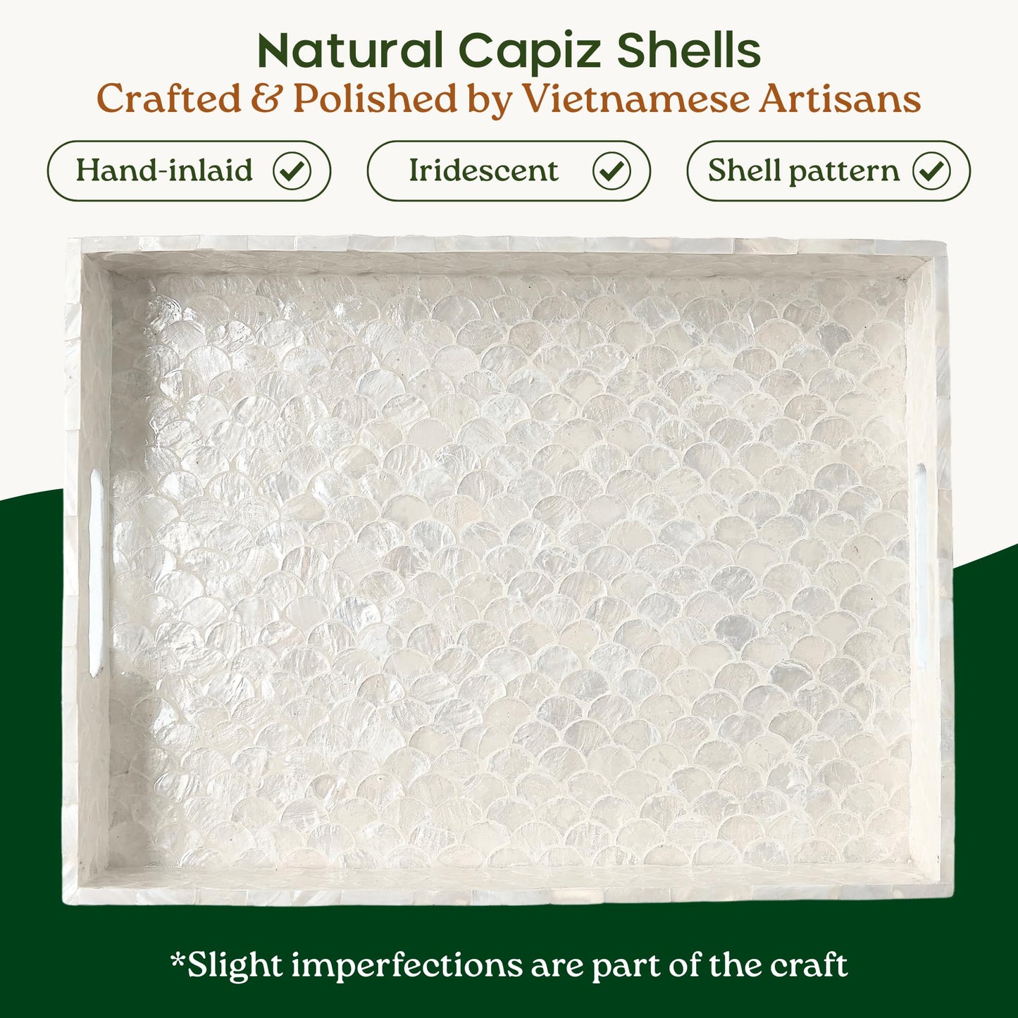CHI AN HOME Capiz Decorative Tray 15.8” x 11.8” x 1.8" Rectangular Tray, Natural Handmade Serving Tray with Handles for Coffee Tables, Ottoman, Vanity, Kitchen, Coastal Boho Home Decor, White