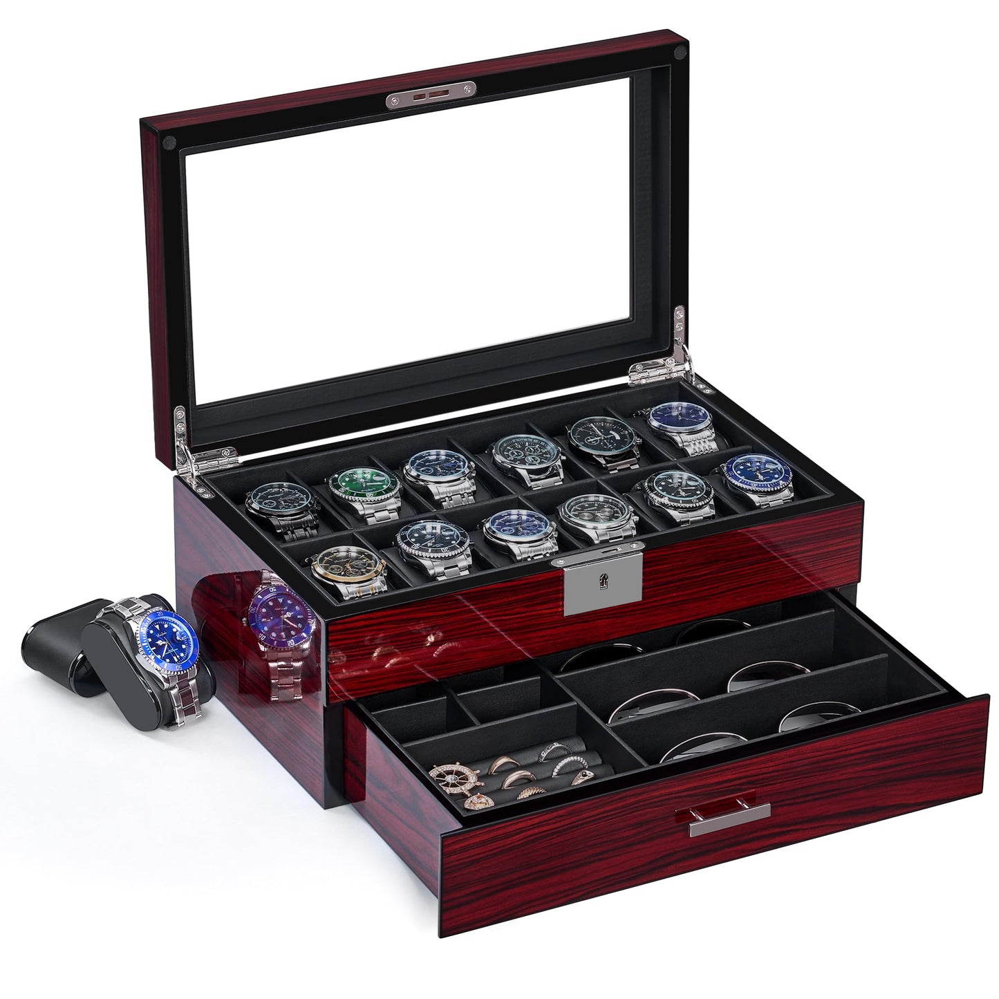 ANWBROAD Watch Box for Men, 12 slot Watch Cases with Glass Lid, 2-Layer Wooden Watch Display Case for Jewelry and Watch Organizer for Men Women, Ideal for Gifting with a Present Box, Lockable UJWB003Y