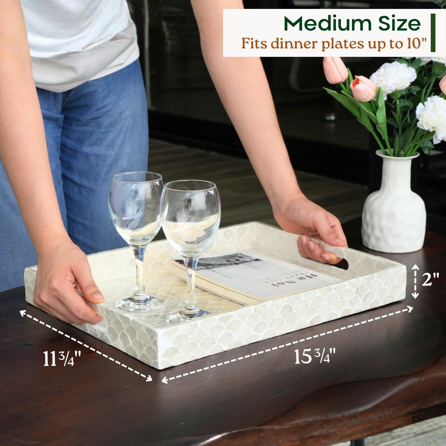 CHI AN HOME Capiz Decorative Tray 15.8” x 11.8” x 1.8" Rectangular Tray, Natural Handmade Serving Tray with Handles for Coffee Tables, Ottoman, Vanity, Kitchen, Coastal Boho Home Decor, White