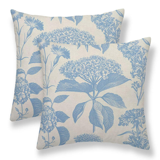Baby Blue Floral Pillow Covers 18 x 18 Inch Set of 2 Vintage Hydrangea Herbs Botanical Decorative Throw Pillow Covers Linen Square Vintage Outdoor Flower Decor Pillowcase for Home Couch Sofa