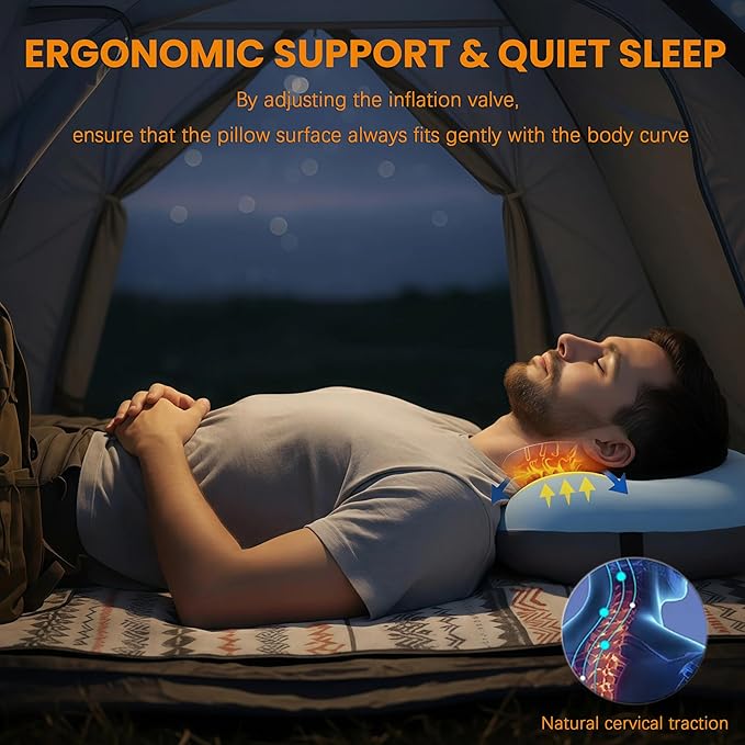Antfuny Inflatable Neck Pillow for Camping Beach SUV Car Travel Kid Adult Small Portable Air Blow Pop Up Tent Essential Gear for Rock Chair Cot Memory Foam Sleep Pad Bag Bed Hammock Mat Accessories
