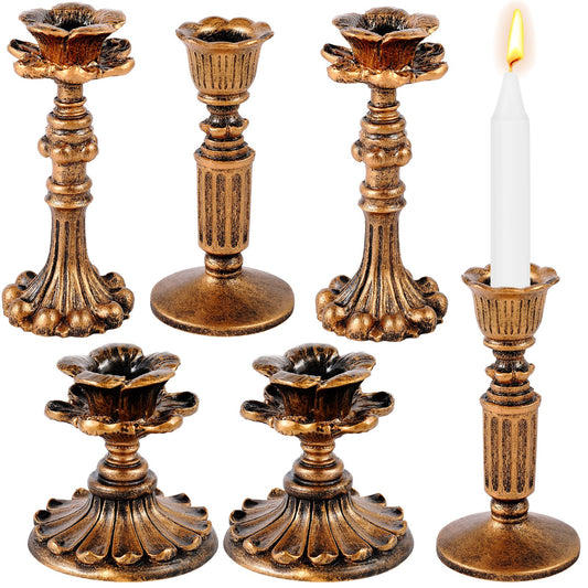 Suclain 6 Pcs Vintage Candlestick Holders Taper Resin Candle Holder Retro Antique Candle Holder Floral Decorative Candlesticks for Wedding Anniversary Table Centerpieces Fireplace (Column,Bronze)