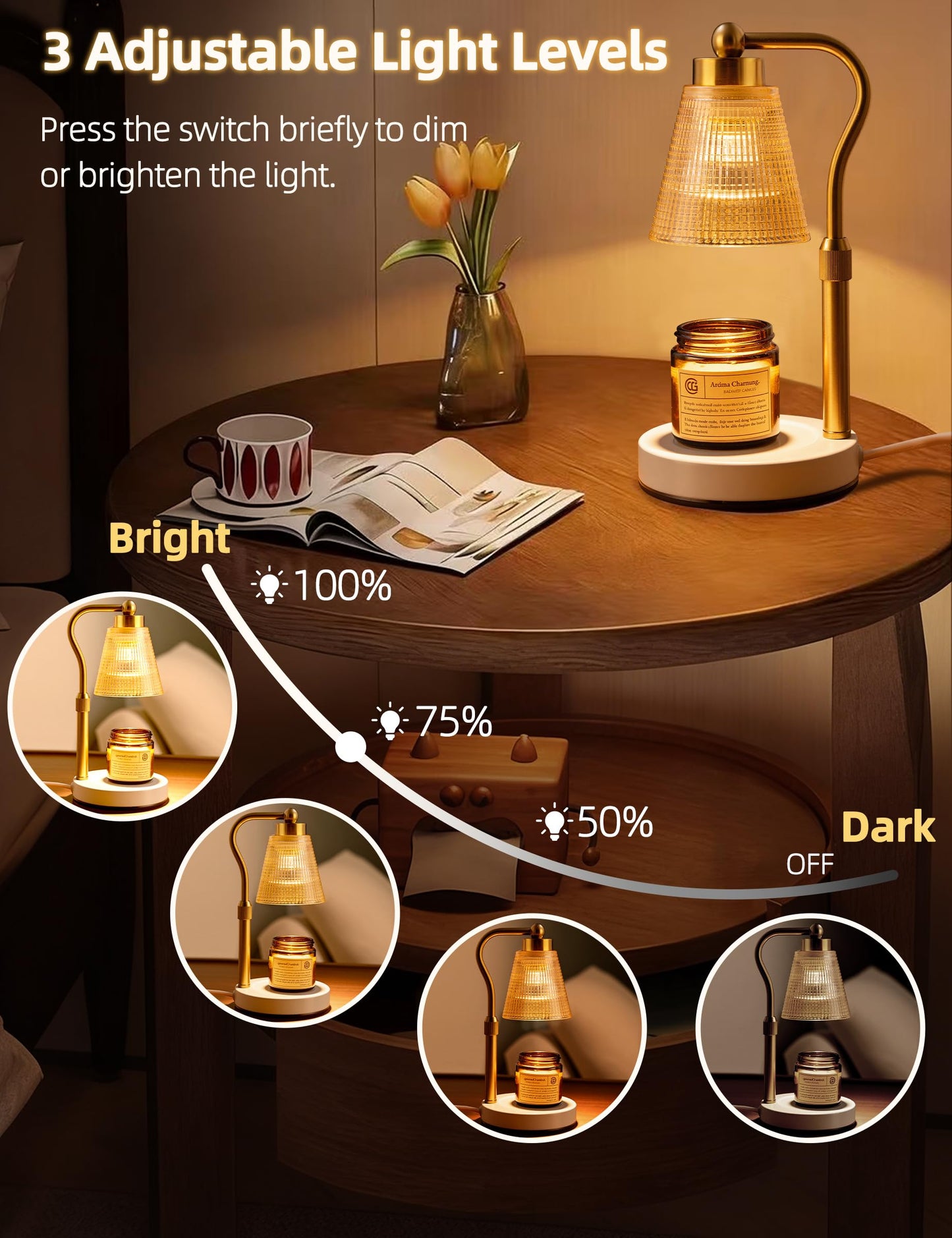 Candle Warmer Lamp for Jar Candles, Height Adjustable & Dimmable with 2/4/8H Timer, 2*50W Halogen Wax Melter Warmer for Home Office Décor, Flameless & Smokeless, Gift for Women Mom,Gold- Amber/1 Pack