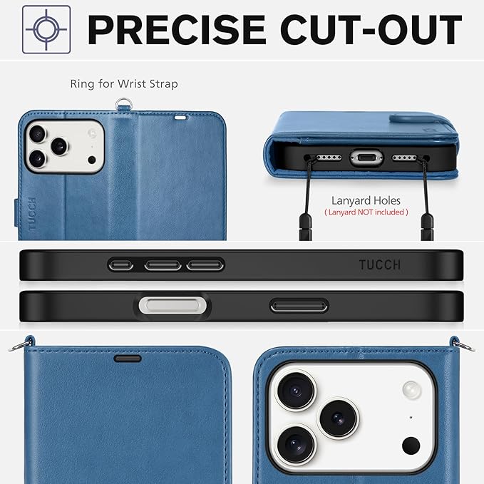 TUCCH Wallet Case for iPhone 17 Pro (6.3-Inch) 2025, Wrist Strap | RFID Blocking 4 Card Holders | Stand | Shockproof TPU Shell | PU Leather | Magnetic | Protective Flip Cover | Light Blue
