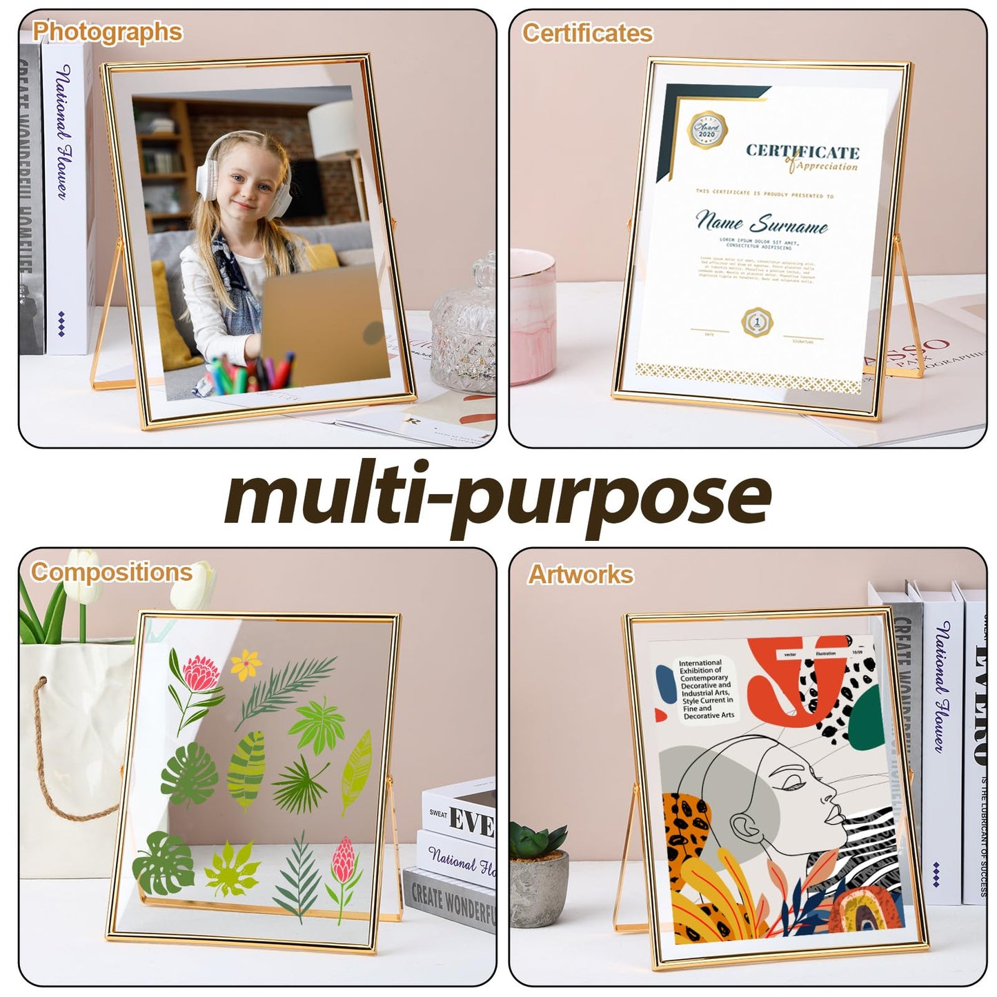 Fixwal Gold Floating Picture Frame Set of 2, 8 x 10 Tempered Glass, Tabletop Display, Multi Size Including 6 x 8, 5 x 7