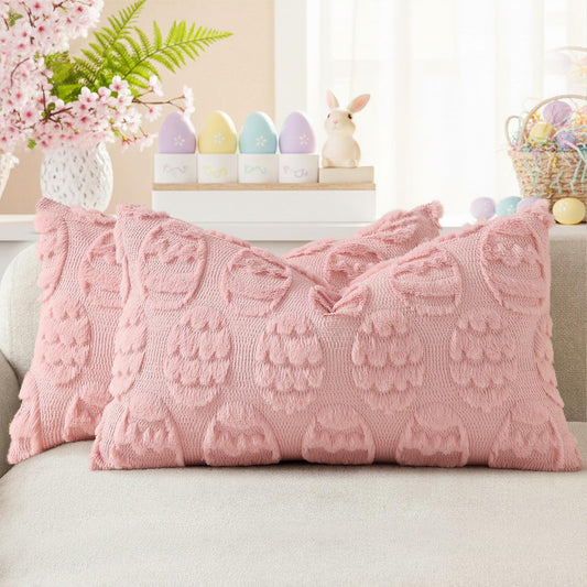 decorUhome Easter Pink Egg Pillow Covers 12x20 Inch Set of 2, Soft Plush Faux Wool Jacquard Cushion Covers, Farmhouse Neutral Fuzzy Spring Easter Holiday Decor for Couch Sofa Bed