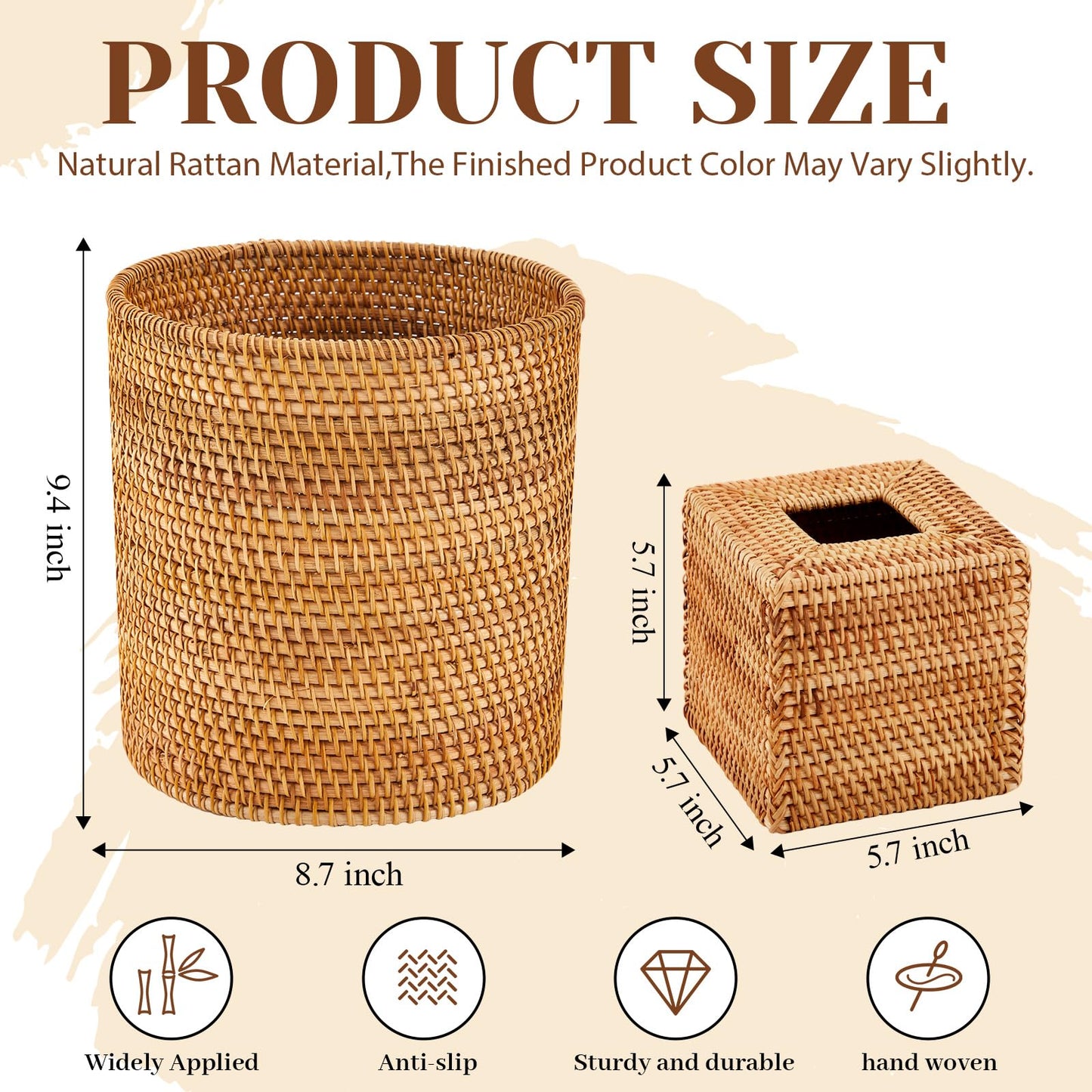 Teenyyou Log Color 2 Pcs Rattan Trash Can & Square Tissue Box Cover, Rattan Hand Woven Basket Set Wicker Bathroom Accessories for Bedroom Kitchen Office Organizer