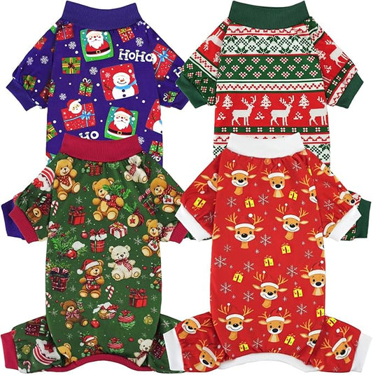 Xpudac 4 Pack Dog Christmas Pajamas Reindeer Puppy Clothes Cute Santa Claus Dog Pajamas Costumes Outfit Red Green, 4XL