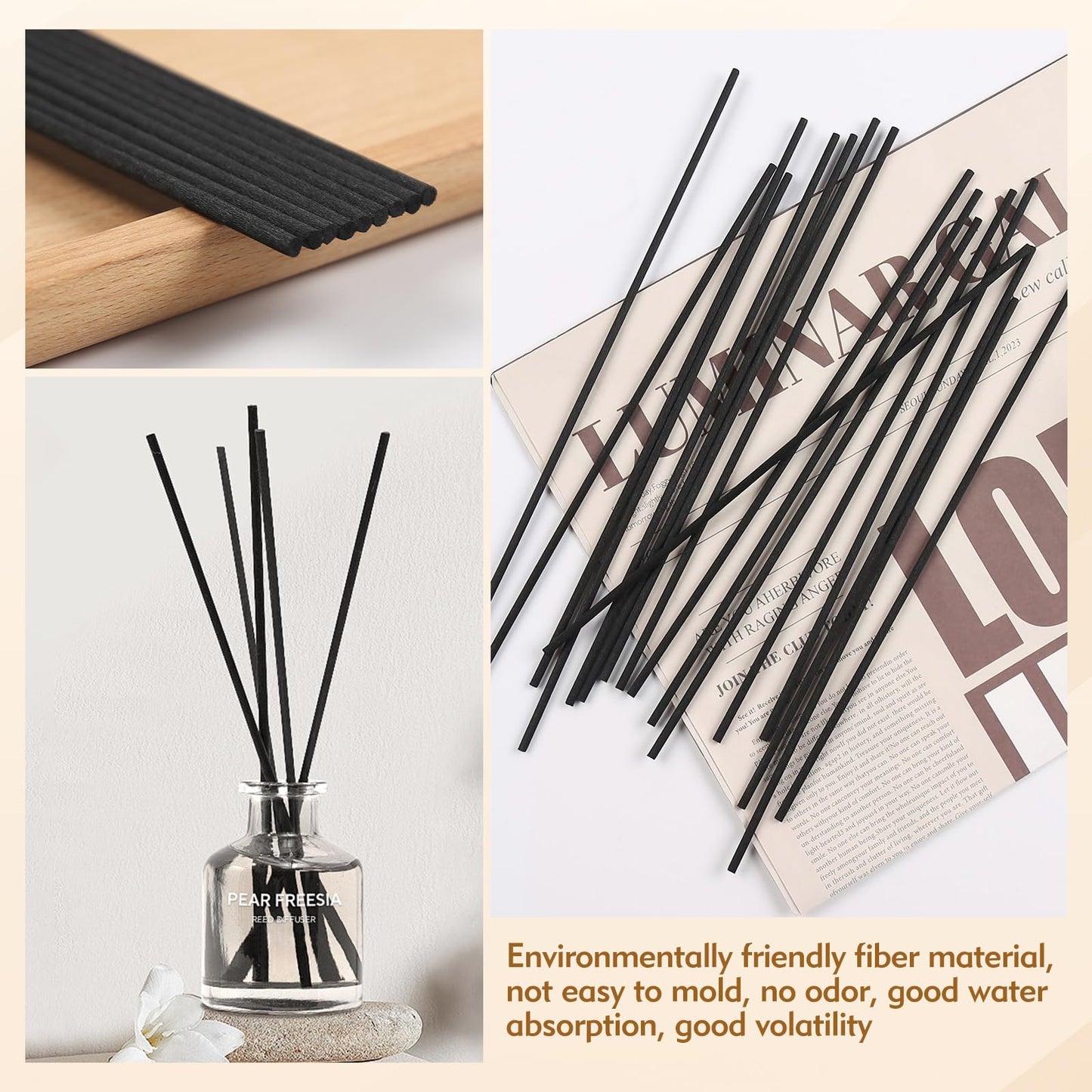 TLIFOS 120 Pcs Reed Diffuser Sticks, 7.87 Inch Black Fibre Diffuser Sticks, Thick Reeds for Diffuser, Essential Oil Diffuser Sticks Refill for Aroma Fragrance Home Office Spa