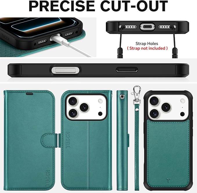 TUCCH 2-in-1 Removable Case Wallet for iPhone 17 Pro (6.3") 2025, Detachable Wrist Strap, 4 Card Holders RFID Blocking, Wireless Charging, Stand, Magnetic, PU Leather Shockproof Cover, Bluish Green