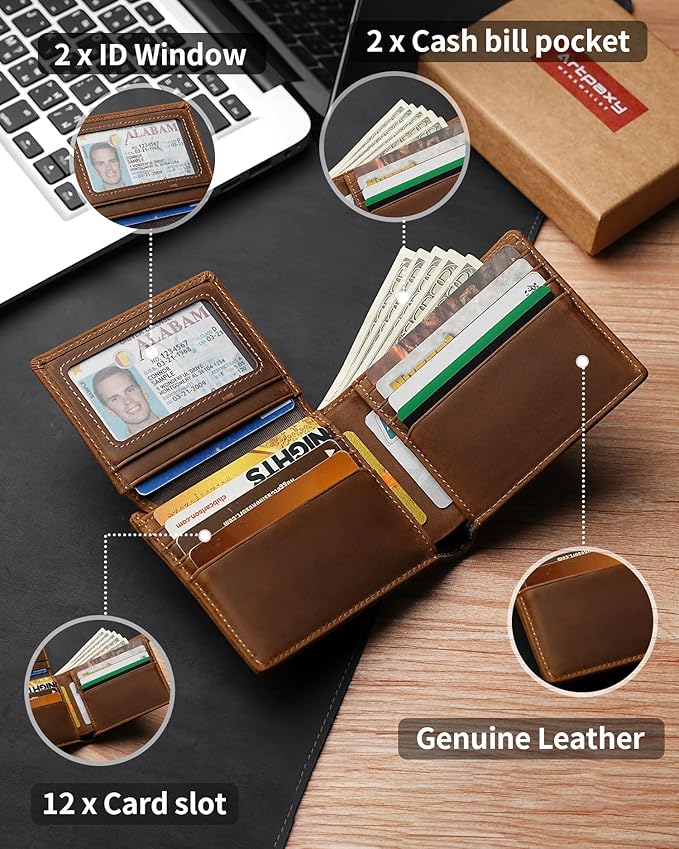 Artpaxy Mens Wallet Genuine Leather Bifold RFID Blocking Wallet for Men with 2 ID Windows 12 Card Holders 2 cash pockets 1 Gift Box