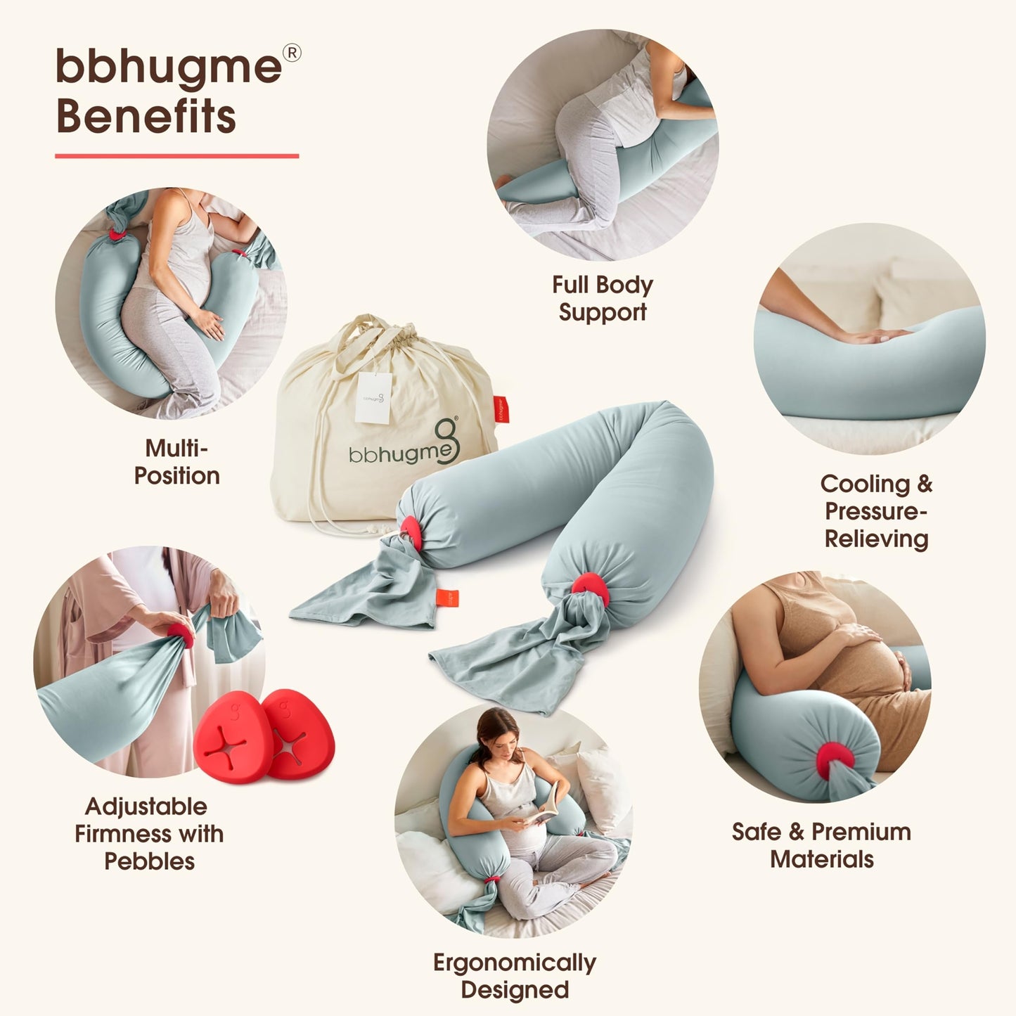 bbhugme Adjustable Pregnancy Pillow with Eucalyptus Cover & Extra Stone Cover - Full Body Support for Side Sleeping During Pregnancy