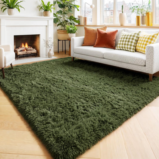 Amdrebio Olive Green Rugs for Bedroom Living Room, Fluffy Shaggy Modern Area Rug 4x6 for Girls Boys Kids Room Decor, Soft Plush Fuzzy Furry Cool Carpet for Nursery Classroom Dorm Playroom Apartment