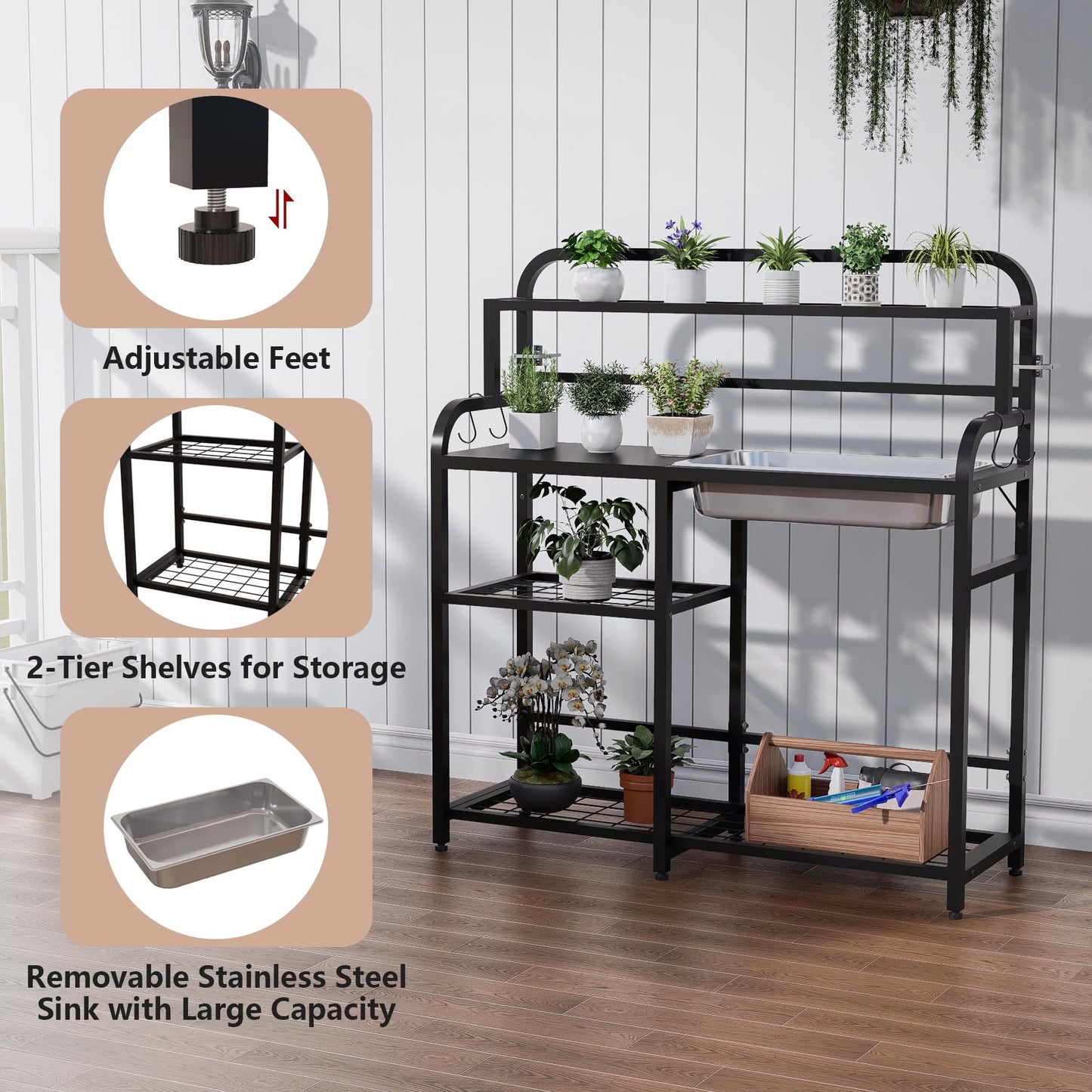 FUXJUM Outdoor Potting Bench Table with Sink & Storage, Heavy Duty Metal Gardening Workbench, 4-Tier Garden Potting Station with Hooks, Adjustable Height Planting Table for Patio Lawn Backyard, Black