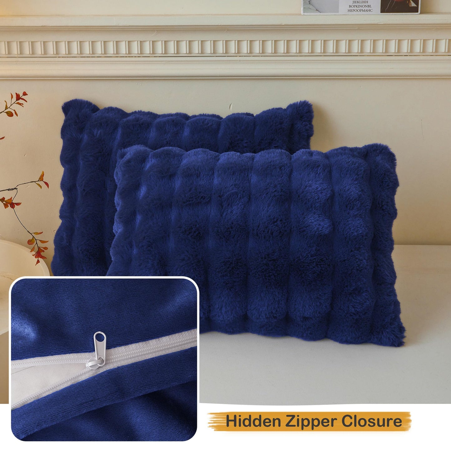 LIFEREVO 2 Pack Fluffy Faux Rabbit Fur Pillow Cases, Luxury Soft Plush Shaggy Bubble Pillowcases Standard Size with Zipper Closure, Furry Fuzzy Pillow Shams for Bedroom Living Room 20x26, Navy Blue