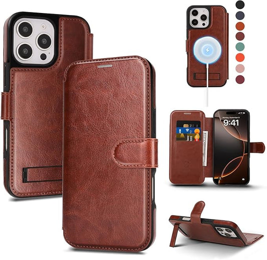 CIVICASE for iPhone 16 Pro Max Wallet Case with Stand,PU Leather Flip Credit Card Holder Slots (RFID Blocking),Compatible with Magsafe Magnetic Holder Phone Cover Women Men,Dark Brown