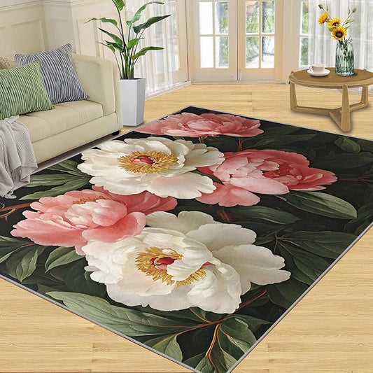 Rustic Flowers Washable Area Rug 4x5, Peony Soft Rugs for Living Room Petals Carpet Area Rugs for Bedroom Dining Room Non-Slip Stain Resistant Rug
