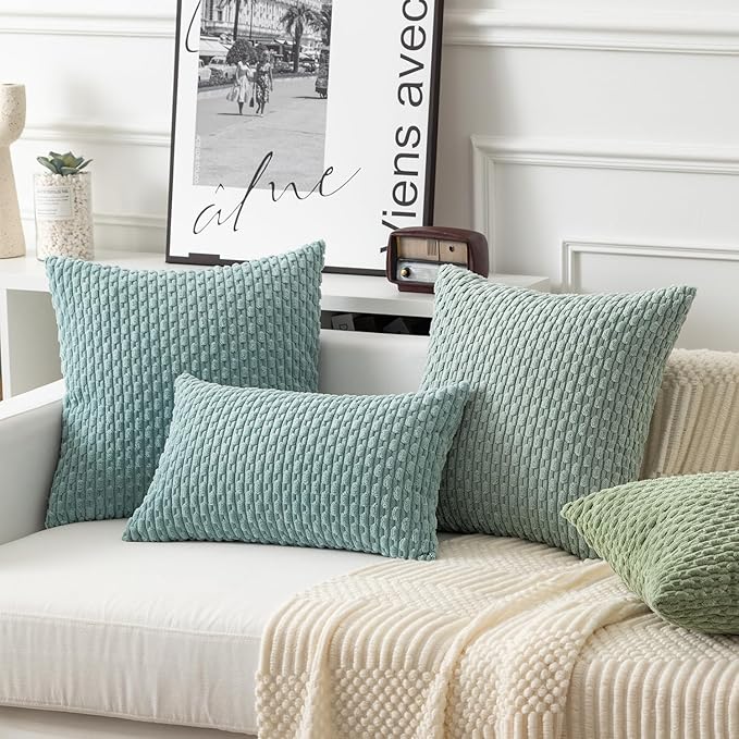 Kevin Textile Throw Pillow Covers Soft Corduroy Decorative Set of 2 Boho Striped Pillow Covers Pillowcases Farmhouse Home Decor for Couch Bed Sofa Living Room 18x18 Inch Dusty Green