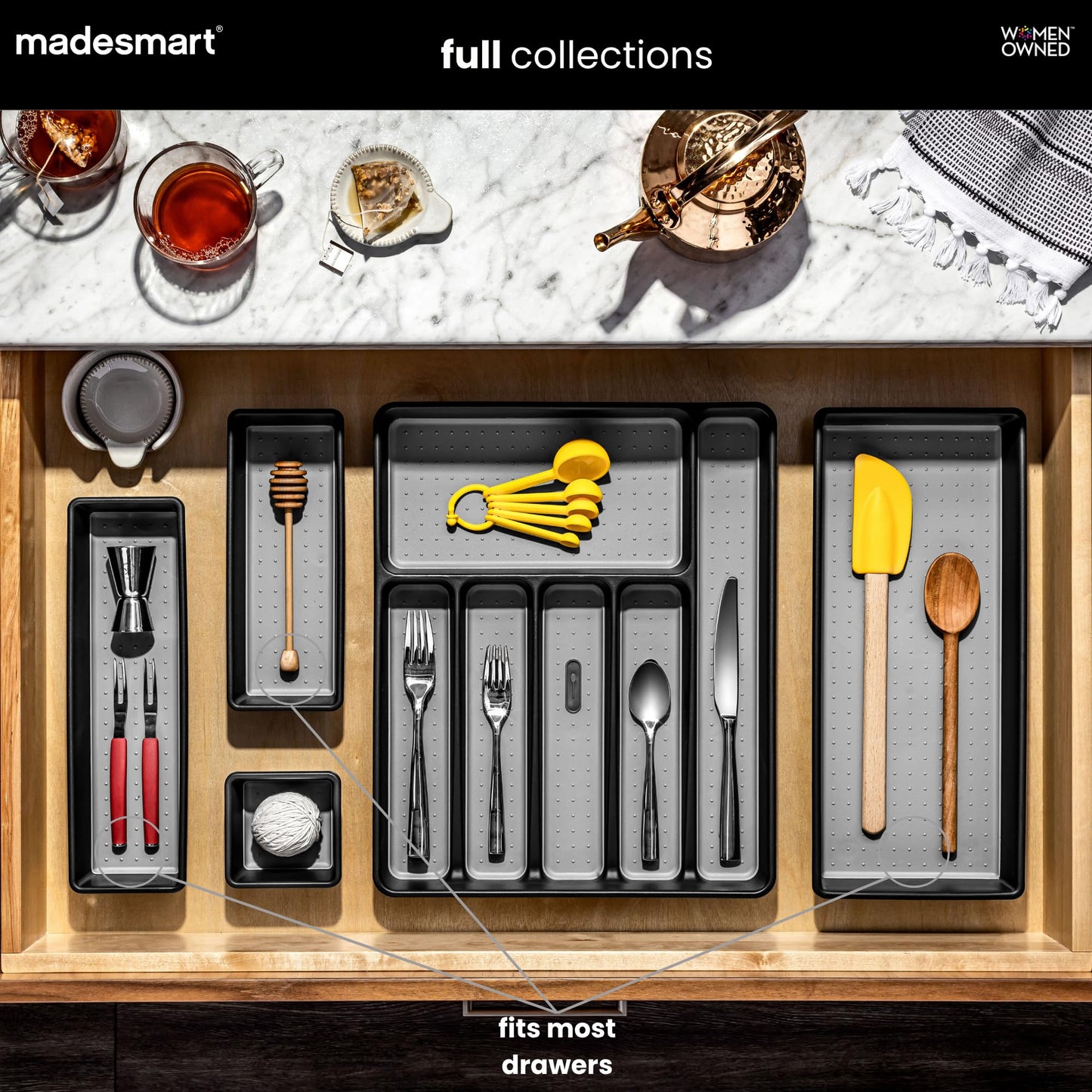 madesmart 3 Bin Drawer Organizer Set, Multi Purpose Storage for Utensils, Office & Bathroom, Organizer for Cutlery, Peeling Tools, Spatulas, Soft Grip Lining & Non Slip Feet, Granite
