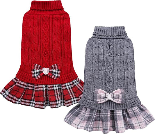 YUDODO 2 Pack Small Dog Sweater Dress with Bowtie Turtleneck - Knitted Pet Girl Dog Winter Clothes - Pet Warm Sweater for Puppy Yorkies, Chihuahua (S Red+Grey)