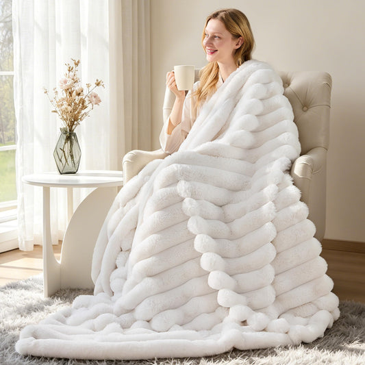 VFROO Faux Fur Throw Blanket for Couch,Cozy Soft Plush Thick Striped Luxury Blanket for Sofa Living Room Bedroom,50 * 60 Inches, White