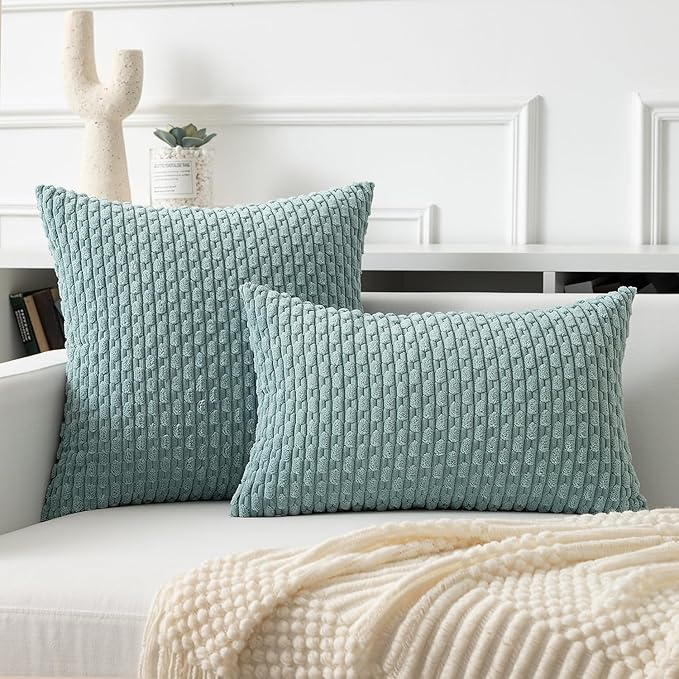 Kevin Textile Throw Pillow Covers Soft Corduroy Decorative Set of 2 Boho Striped Pillow Covers Pillowcases Farmhouse Home Decor for Couch Bed Sofa Living Room 26x26 Inch Dusty Green