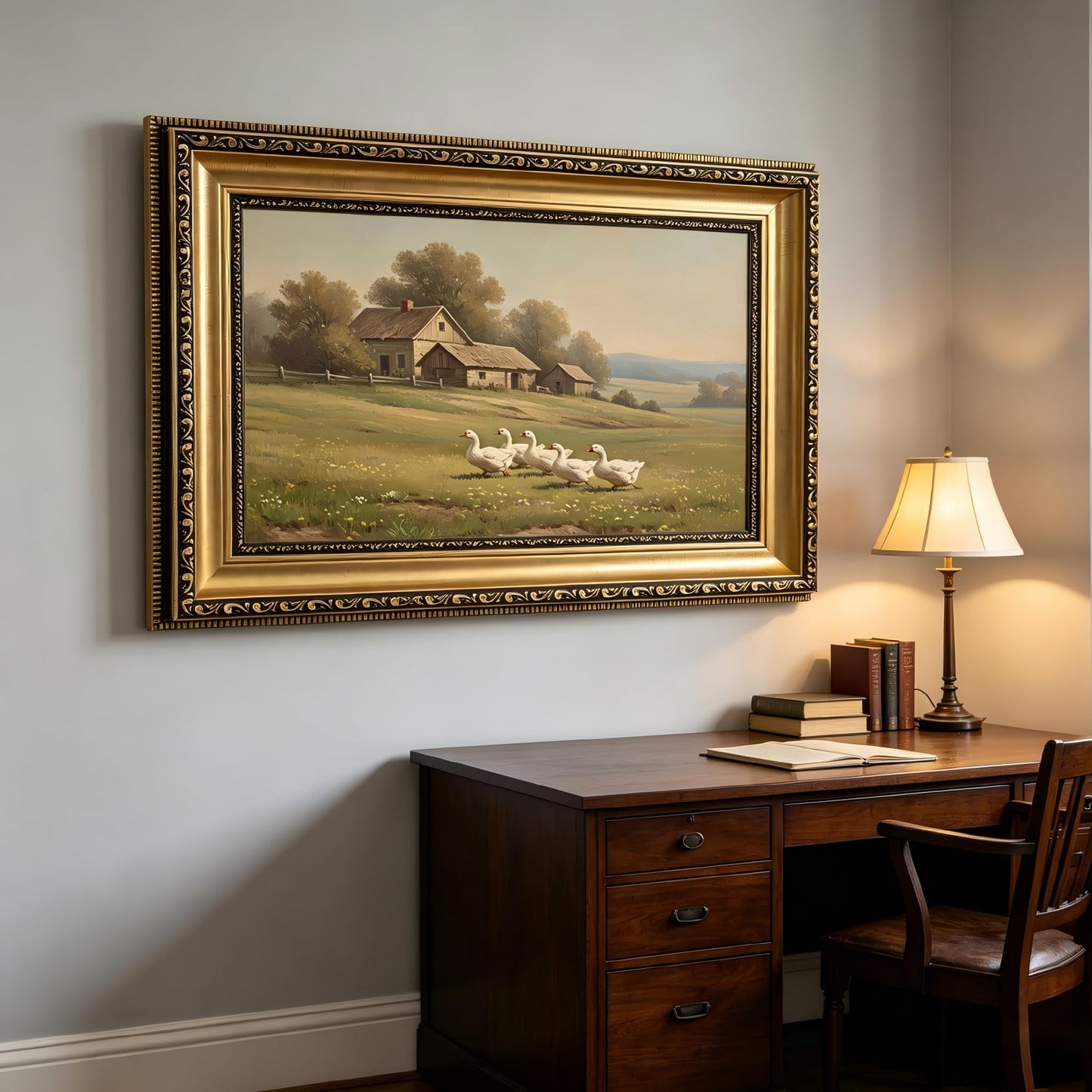Gold Framed Vintage Landscape Canvas Wall Art farmhouse goose pictures