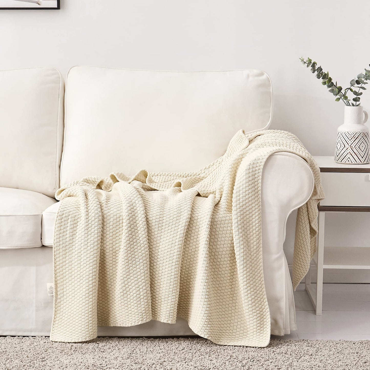 Longhui bedding 100% Cotton Knitted Throw Blanket – Cream, Soft & Cozy, Machine Washable, 51"x63" – Perfect for Living Room, Couch, Sofa, Bed or Travel
