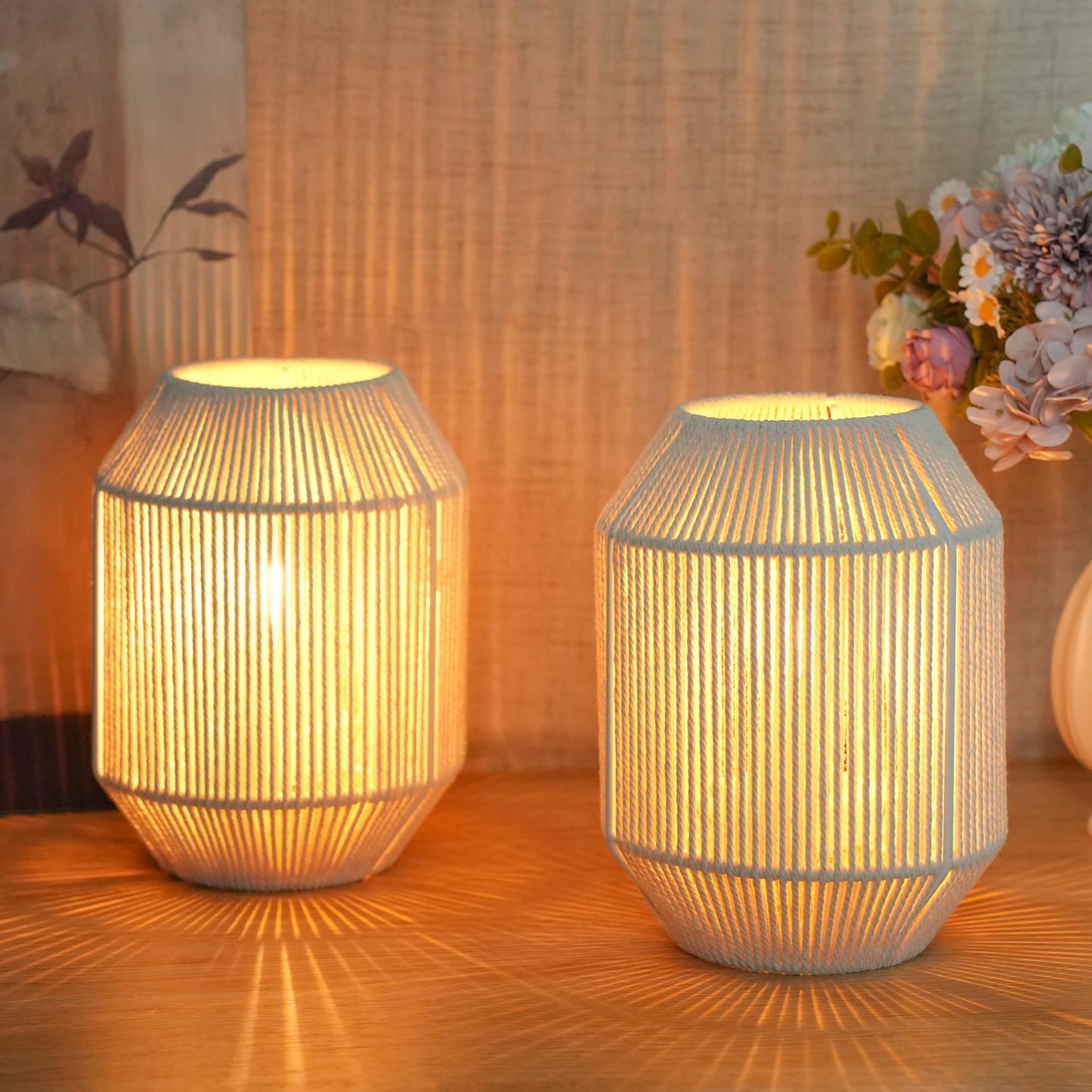 JHY DESIGN Set of 2 Woven Lampshade Table Lamps 8.5" H Cotton Rope Bedside ‌Light‌s Cordless Decorative Battery Operated Lamps with 6 Hours Timer for Bedroom Living Room Weddings Parties Patio