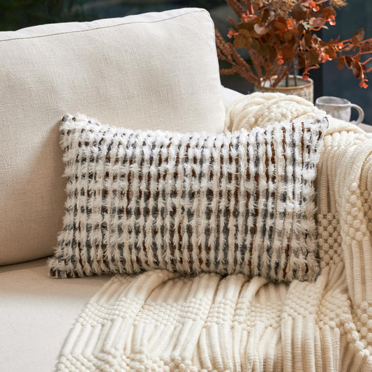 Aeckself Boho Chenille Tufted Pillow Cover 12 x 20 Inch, Rectangle Decorative Lumbar Throw Pillow Cover Neutral Pillowcase for Couch Bedroom Living Room, Brown White