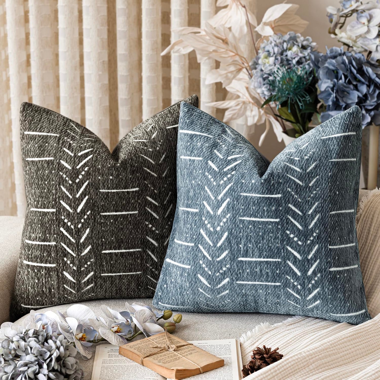 Vivrudil Home Décor Decorative Boho Accent Chenille Throw Pillow Covers Textured Neutral Cushion Covers Soft Farmhouse Pillowcase for Couch Sofa Chair Bed Living Room, 18×18 Inch, Set of 2, Dusty Blue