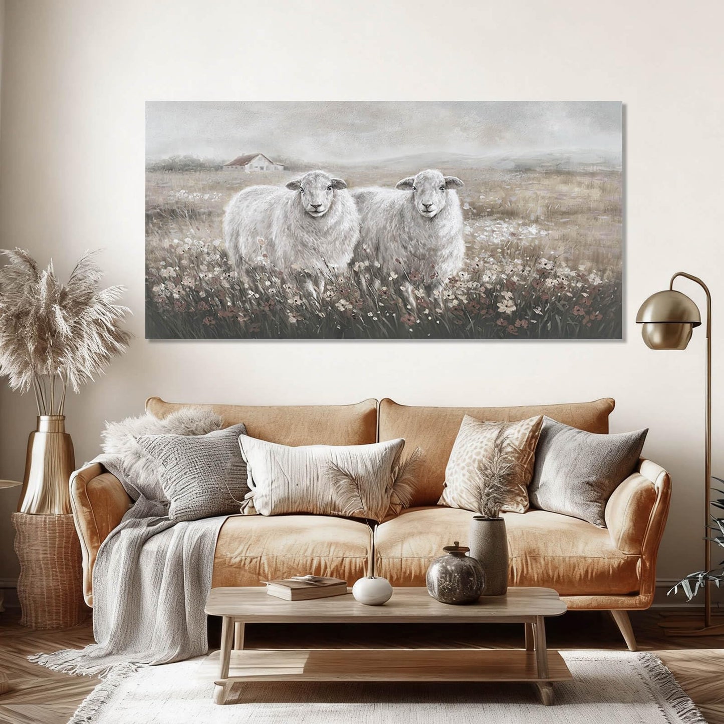 YETHEN WAL Large Sheep Pair Wall Art, Wildflower Field Landscape Canvas Print, Rustic Modern Farmhouse Wall Decor for Living Room Dining Room, Above Sofa, 24x48 Inch