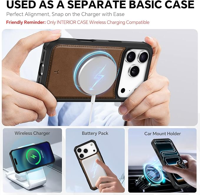 TUCCH Detachable Case Wallet for iPhone 17 Pro (6.3") 2025, Wrist Strap, 4 Card Holders RFID Blocking, Wireless Charging, Stand, 2-in-1 Magnetic, PU Leather, Shockproof Folio Cover, Brown