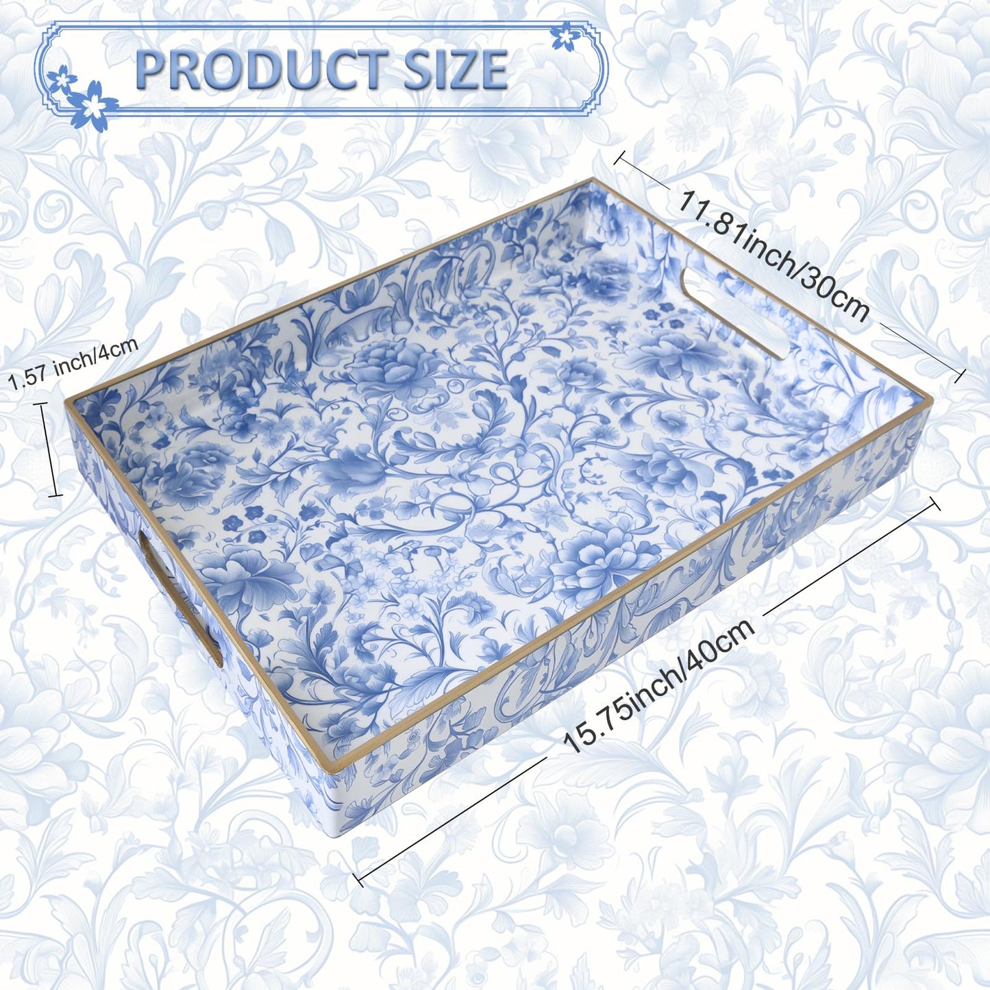 ORIGTRAY Serving Tray with Handles, Rectangular Plastic Tray 15.75x11.81 Inch, Blue and White Peony Chinese Porcelain Style Decorative Tray for Kitchen, Dining Table, Vanity, Office & Home